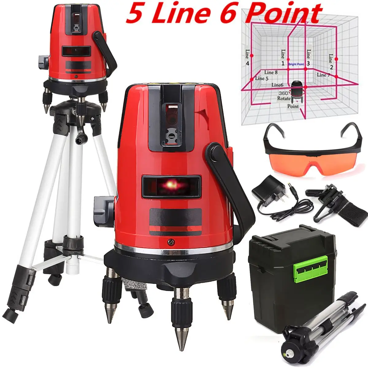 

5 Line 6 Point Cross Line Red Automatic Self Leveling 360 degree Rotary Laser Level Meter Measure + Tripod