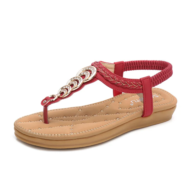 

Rhinestones Flat Sandals Crystal Women Shoes Summer Comfortable Sandals Big Size 35~41 Apricot Black Red Elastic Band Sandal