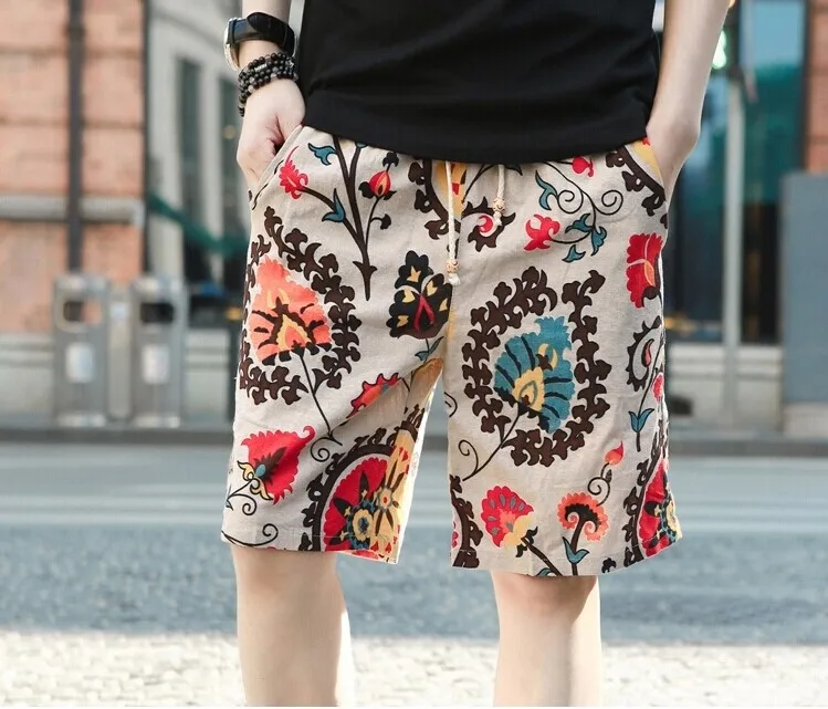 

Free shipping 7 Colors Mens beach pants summer new large size print shorts men casual ramie cotton printed short pants