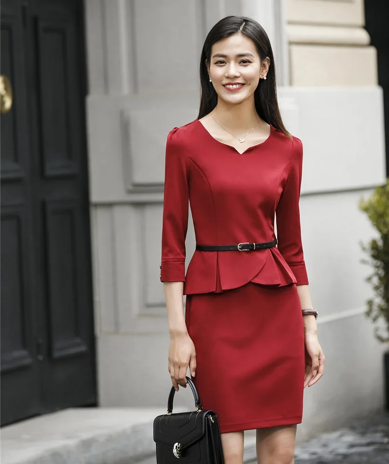 

2018 Spring Fall Uniforms Styles Slim Dress For Women Business Work Wear Female Ladies Office Work Wear Dresses With Belt