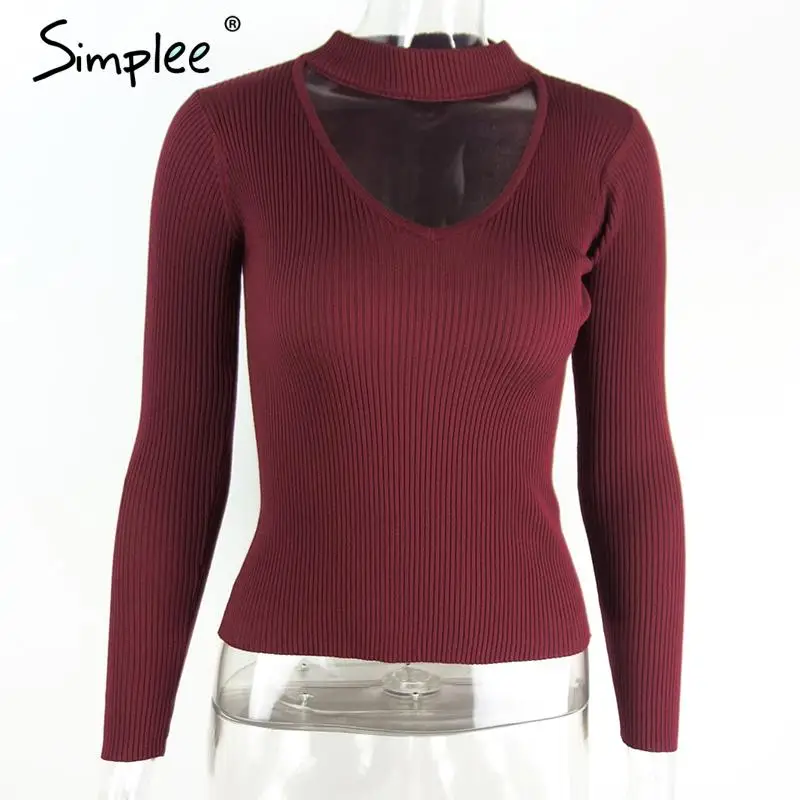 Simplee Элегантный Холтер вязаный свитер осень зима белый короткий пуловер женщин топы тонкий V шеи черный джемпер свободного покроя тянуть Femme - Цвет: Red Wine