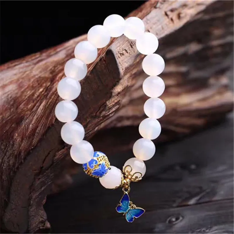 High Quantity 10mm beads White Agates natural stone bracelet women accessories metal butterfly pendant tasbih jewelry wholesale - Image 4