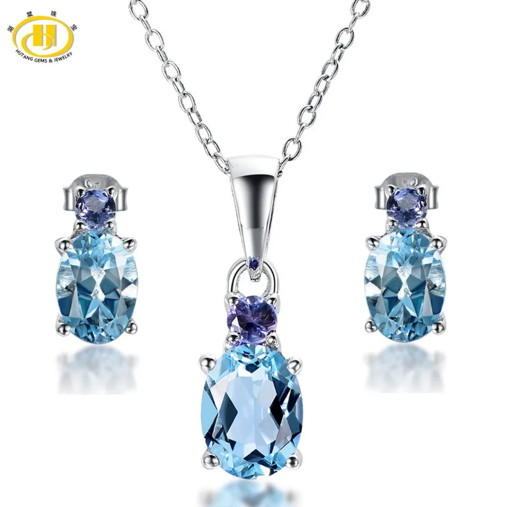 Hutang Natural Blue Topaz & Tanzanite Set Solid 925 Sterling Silver Jewelry Sets Earrings & Pendant Women's Gemstone Jewelry