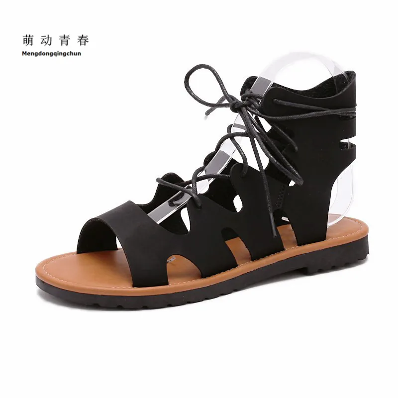 

2018 Hot Women Sandals Summer Beach Sandals Gladiator Sandalias Flat Heels Lace Up Cutouts Silver Black Ankle Strap Sapatos