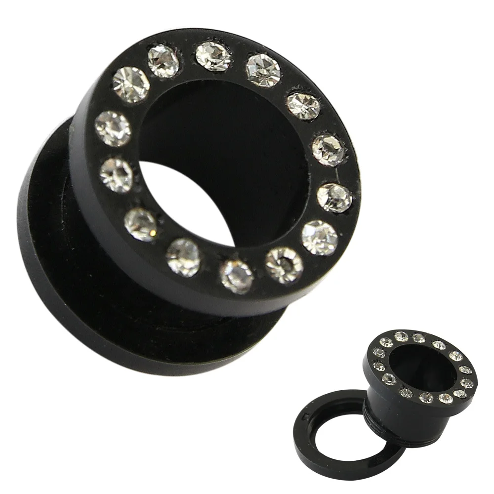 2 16 mm Black Ear Plugs Tunnels Crystal Acrylic Ear Tunnel Plugs