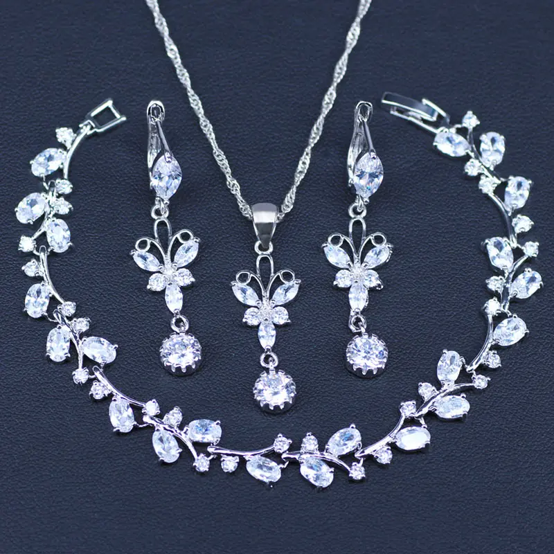 

White Zircon Silver 925 Jewelry Sets For Decorating Women Set of Earrings With Stones Pendant&Necklace Jewelery Gift Box