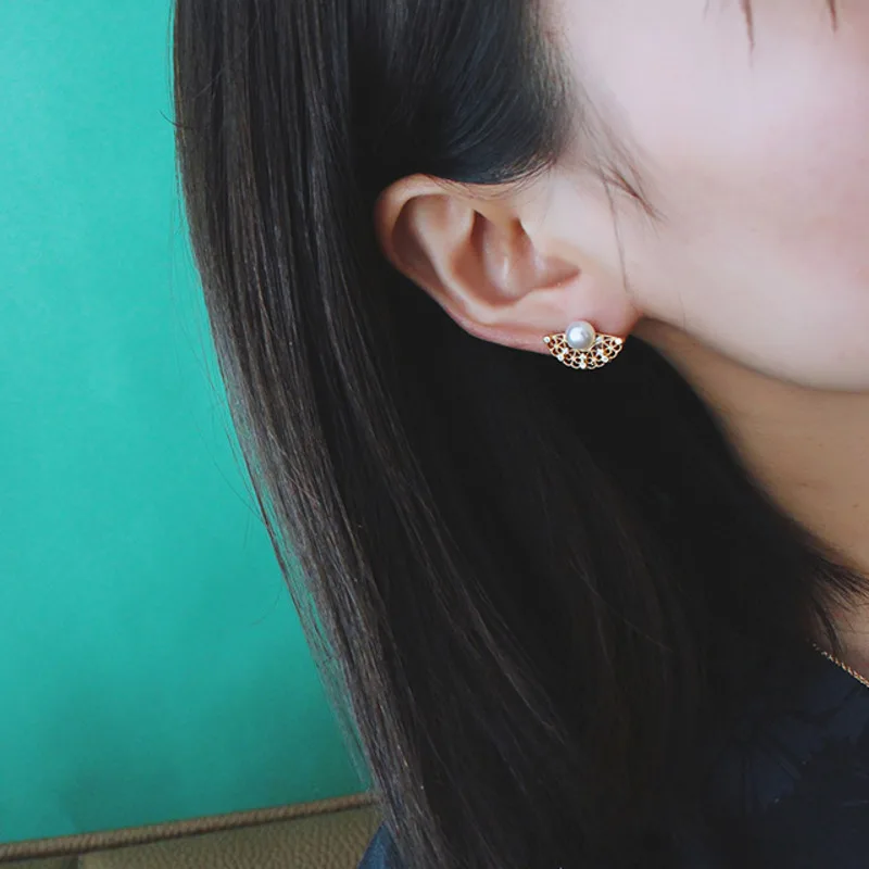 

WKOUD EAM Jewelry / 2019 New Fashion Temperament 925 silver micro-inlaid zircon hollow fan pearl earrings Women's Accessories