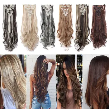 SNOILITE 24inch 8pcs/set Wavy 18 Clips in False Hair Styling Synthetic Hair Extensions Hairpiece Extension hair 6