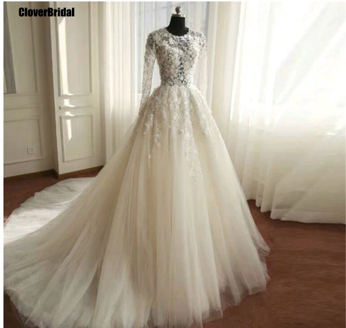 Винтажное кружевное свадебное платье CloverBridal с длинным рукавом, на пуговицах сзади, с длинным шлейфом, 2017