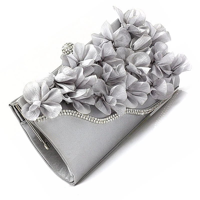 Женская атласная сумка-клатч с цветочным узором для вечеринки, свадьбы, сумочка на цепочке, сумка на плечо, цвета: серебристый