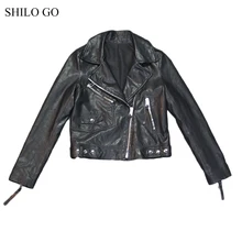 Шило GO кожаная куртка Женская Весенняя мода Овчина натуральная кожа пальто воротник с отворотом на молнии ремень черный повседневный локомотив
