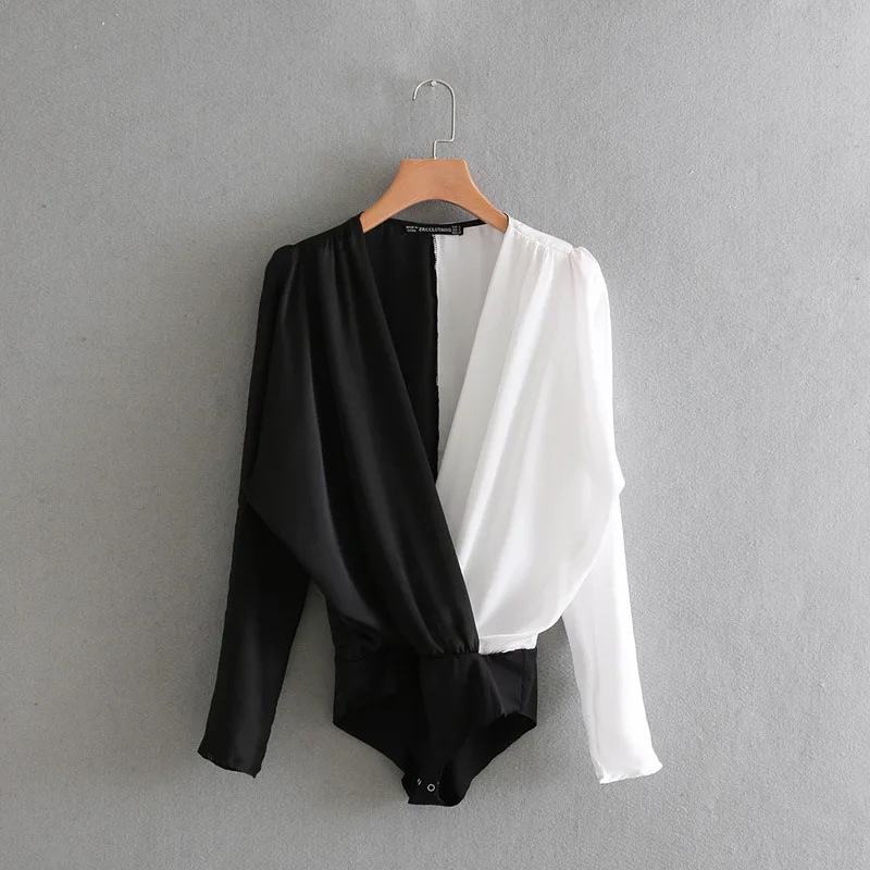 2018 spring summer women hit color splicing wrap deep v neck bodysuit blouse elegant ladies tops female loose jumpsuits shirt