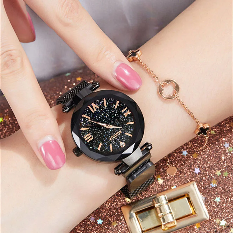 Hot Sale Women's Starry Sky Watch Luxury Magnetic Magnet Buckle Quartz Wrist Watch Geometric Surface Diamond Female Watches