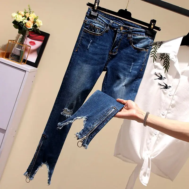 

plus size L-4XL!Fashion Women Skinny Jeans New Spring Summer Vintage Slim Pencil hole Ripped jeans ankle length