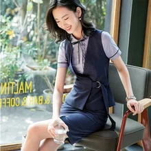 Летние модные женские костюмы с юбкой для женщин, деловые костюмы для девушек, темно-синий полосатый жилет и жилет, комплект, рабочая одежда, униформа