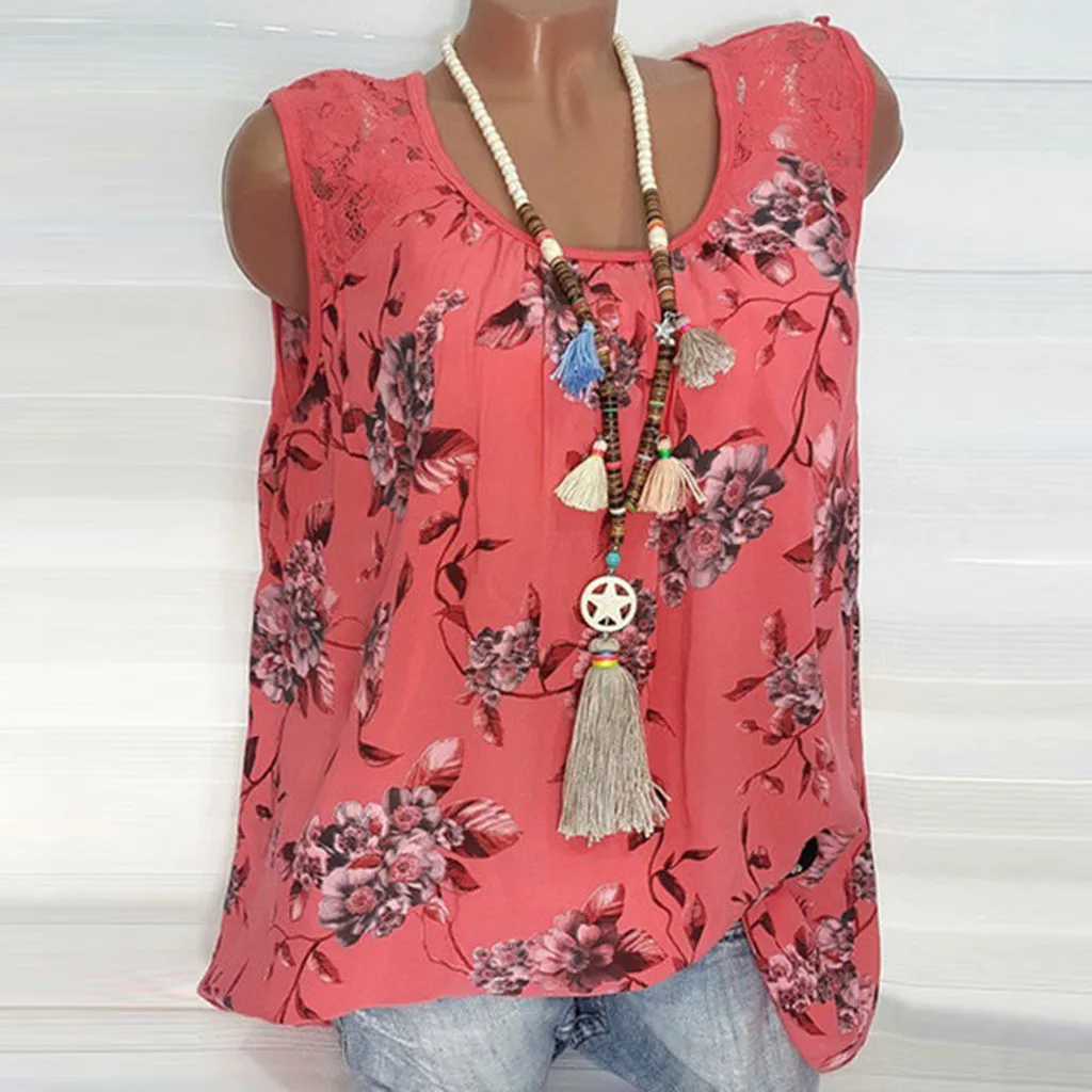 إمرأة بلوزة الإناث فضفاض المحملة قميص قمم زائد حجم الطباعة الدانتيل الربط سترة دون أكمام أزياء النساء الصيف debardeur فام