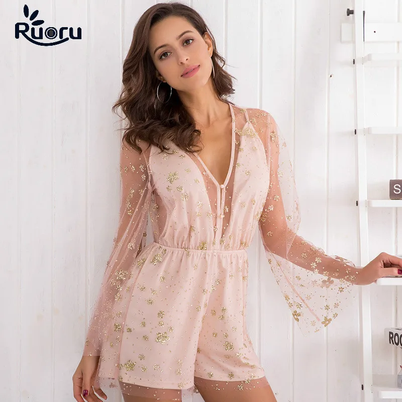 

Ruoru Mesh Playsuits Bodysuits Bell Sleeve Floral Women Short Jumpsuits Playsuits Pink Cute Women Rompers Lace Jumpsuit Female