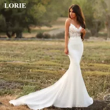 LORIE Mermaid Wedding Dress 2019 Lace Spaghetti Strap open back Zip up Bridal Gown Modest stain Beach vestido de noiva customize crayfish embroidery zip up back dress