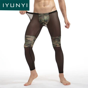 

IYUNYI Men Mesh Pants Camouflage Fitness Pouch Sexy Tight Comfortable See Underwear Sheer Transparent Low Waist Men Long Johns