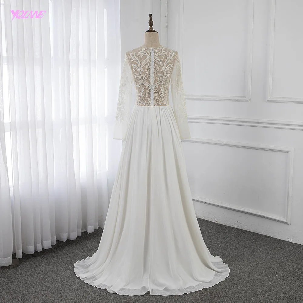 Sexy See Through Full Sleeve Wedding Dress Embroidered Crepe Floor Length Vestido De Noiva YQLNNE