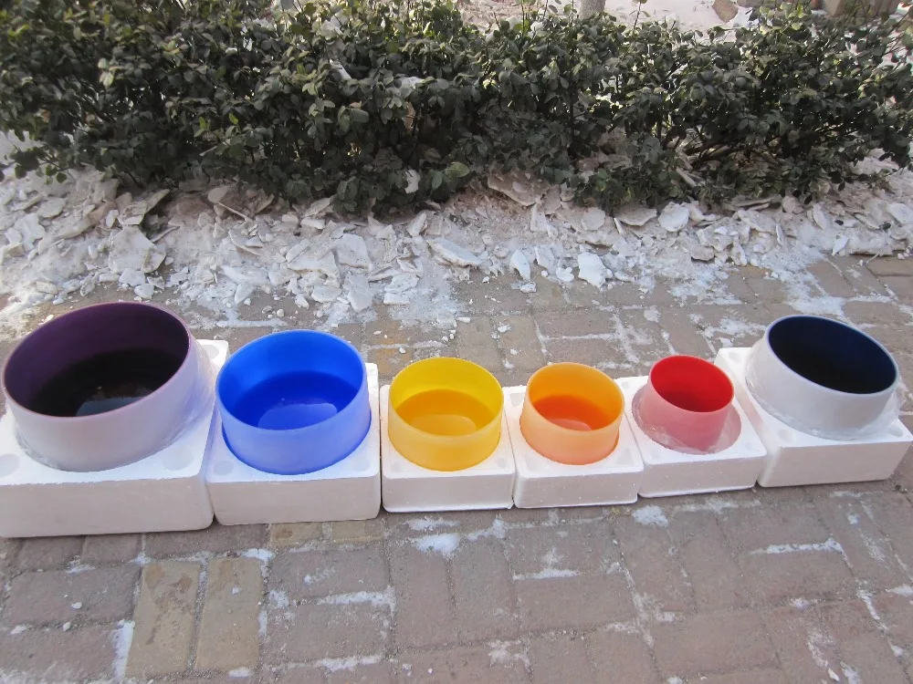 

chakras set 7pcs 8"-14" colored quartz crystal singing bowls with C D E F G A B notes and 7colors with free suede and o-ring