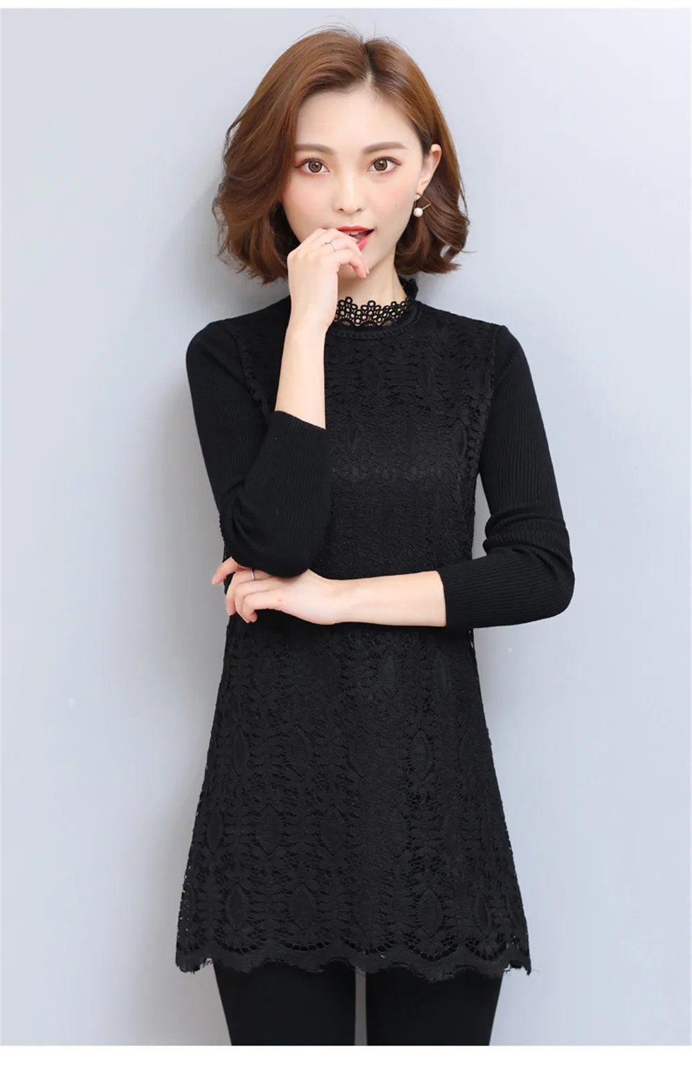 Autumn-Winter Thicken Women Lace Dress 2017 All Match Sweater Sleeve Wine Lace Dress vestido Plus Size 3XL bodycon Work Dress  (11)