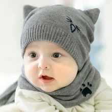 2 шт. мультфильм кошка шапка шарф осень зима новорожденных крючком шапки набор шарфов для мальчиков и девочек теплая вязаная шапочка