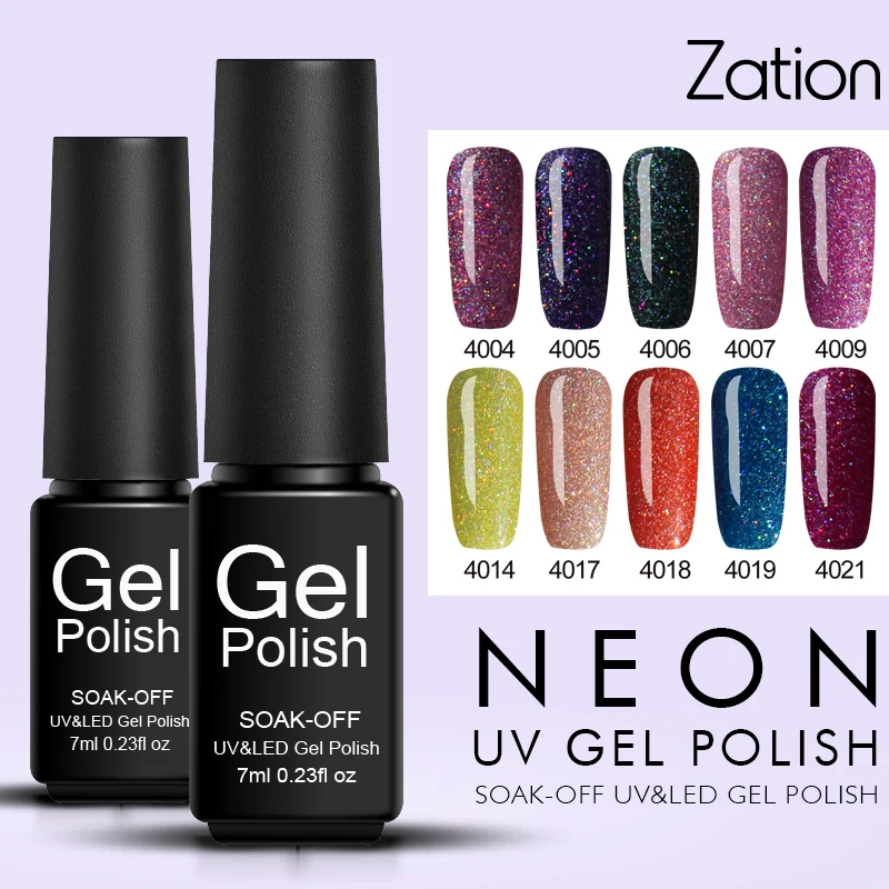 Zation Base Top Coat UV LED Glitter Gel Lacquer DIY Nail Art Semi-permanent Varnishes 7ml Neon Polish Soak Off | Красота и здоровье