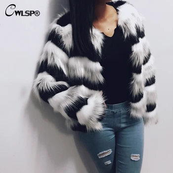 

CWLSP Plus size S-3XL Winter Warm Striped Faux Fur Coat Fur jacket women Open Stitch Long Sleeve abrigo mujer QL3550