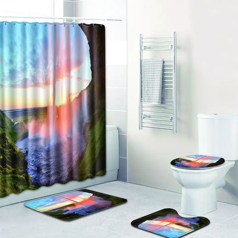 Scape водопад коврик для ванной и набор занавесок для душа 4 шт. ковер для ванной комнаты Зеленый дропшиппинг туалетный коврик аксессуары коврик и крышка - Цвет: 039