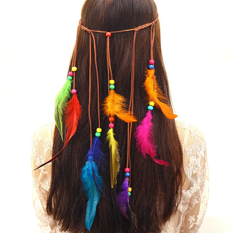 Fashion Bohemia Colorful Feather Beads Tassels Golden Brown Rope Women