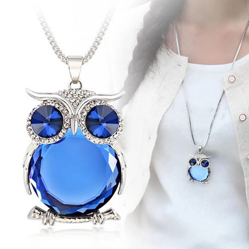 Glass Owl Rhinestone Plated Pendant Necklace Women Long Chain Sweater Jewelry