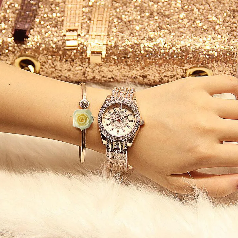 Новые Роскошные Стразы Часы-браслет Для женщин со стразами модные женские туфли из розового золота платье часы Нержавеющая сталь с украшением в виде кристаллов наручные часы