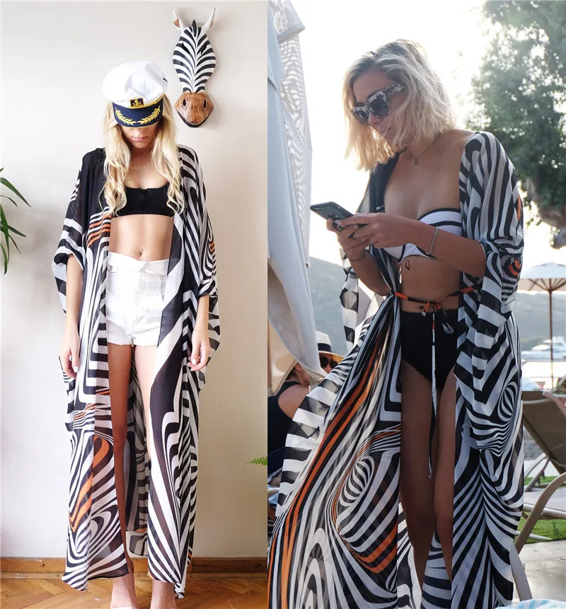 

Beach Dresses 2019 Summer Clothes For Women Cover Up Women's Tunic Woman Cover-Up Chiffon Print Striped Black White Skirt