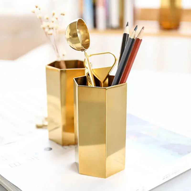Nordic Hexagonal Stainless Steel Gold Flower Vase Modern Fashion Pen Holder Container Home Desktop Room Study Hallway Decor