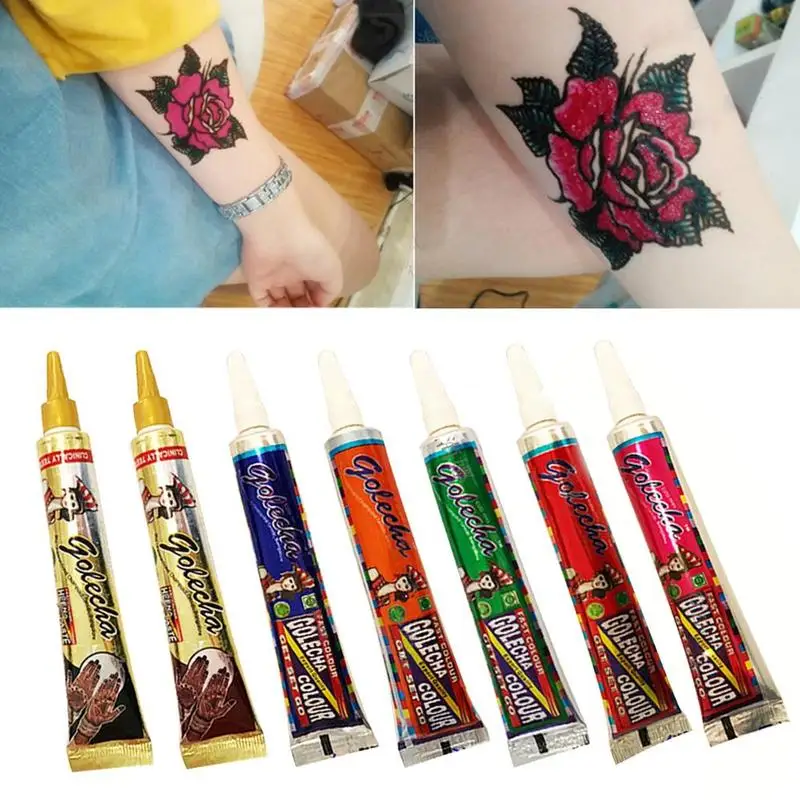 

7 Colors Indian Henna Paste Temporary Tattoo Waterproof Body Paint hena Art Cream Cone For Stencil Mehndi Body Art