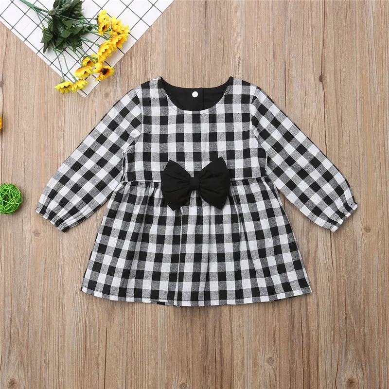 

Autumn Long Sleeve Party Wedding Pageant Black Plaid Bow Round Neck Dresses Girls Clothing Children Kids Girl Princess Dress