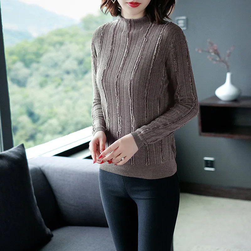 Solid elastic knit long sleeve sweater shirts 2018 new stand neck tassel women autumn basic sweater