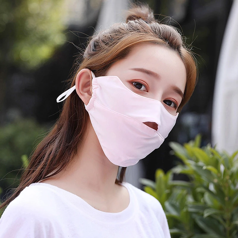 

Summer Ice Silk Thin Sunscreen Open Nose Mouth Mask Washable Adjustable Earloop Respirator Unisex Cycling Windproof Solid Color