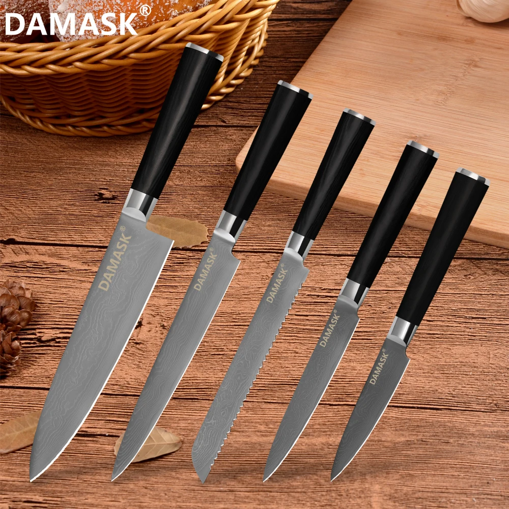 

DAMASK Japan Damascus Knives Sets VG10 Damascus Steel Knife Santoku Bread Slicing Paring Chef Knife Utility Kitchenware Tools