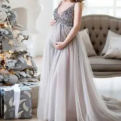 TaoHill платье для беременных Новый серый длинный вечернее платье отделка из бус жемчугом праздничное платье с открытой спиной Пром платья Robe