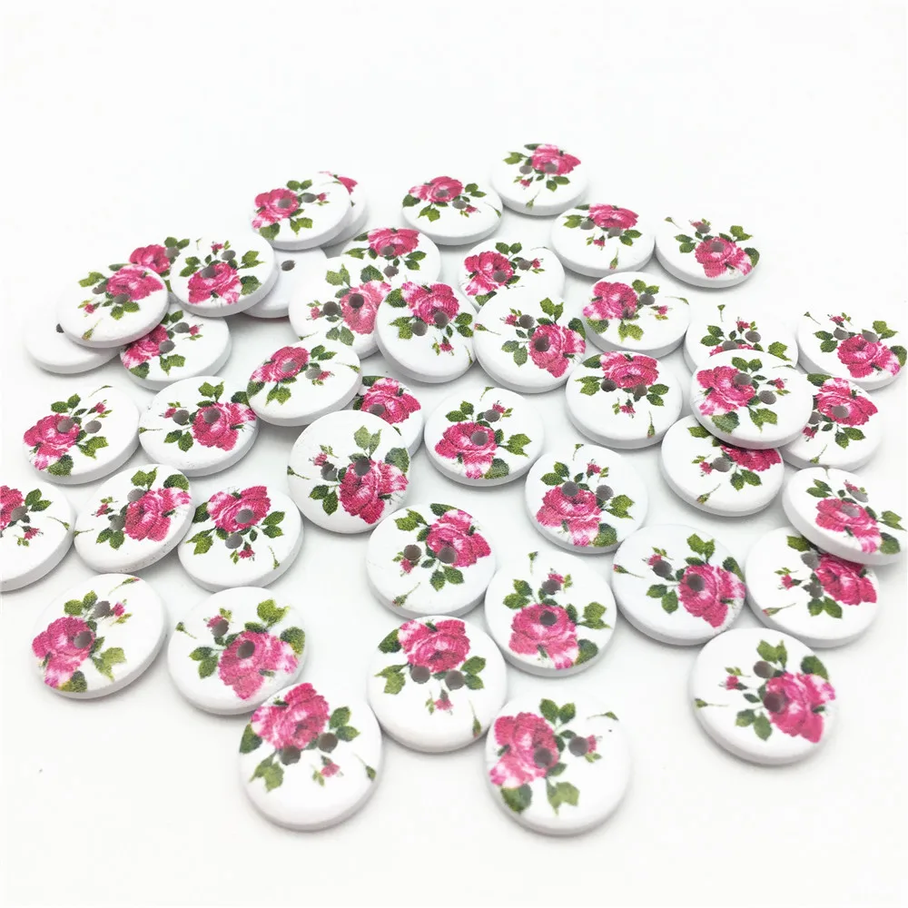 

100pcs 15mm Wood Buttons Rose Flower Painted 2 Holes Round Sewing Button Embellishments Shabby Chic Floral Crafts Wholesale