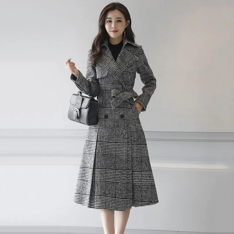 2018 New Vintage Plaid Woolen Blends Coat Women Autumn