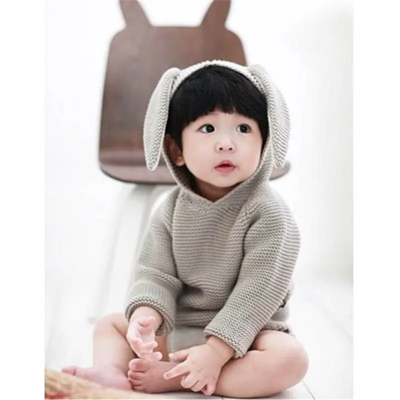 

0-2 years Baby kids Sweater, Long Sleeves Hoody Knitted Outwear for Toddler Tops Boy's Girl's With Rabbit Ear Cap