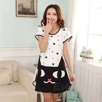 

New Women Cartoon Polka Dot Sleepwear Short Sleeve Sleepshirt Sleepdress