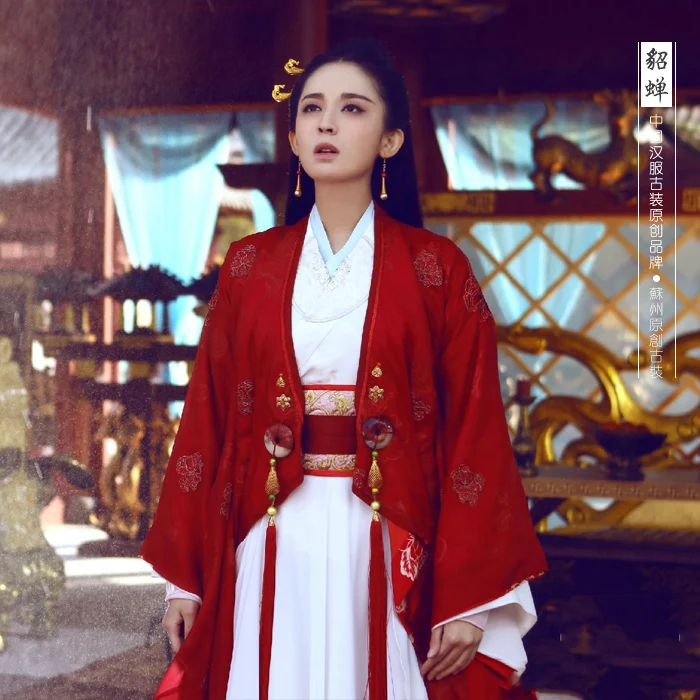 Красный Китай Красота Diao Chan Hanfu костюм ТВ Играть китайский герой-чжао ZiLong из трех царств период Театральный Костюм Hanfu для женщин