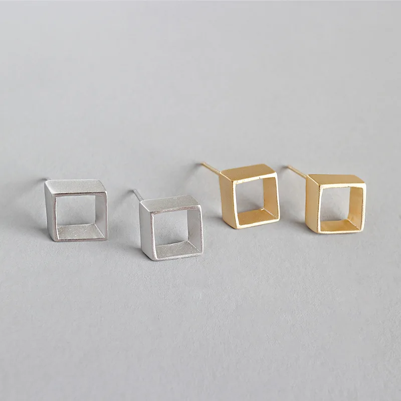 

7.5MM*3MM Tinny Small 100% Authentic 925 Sterling silver Open Hollow Geometric Square Stud Earrings Fine jEWELRY E101
