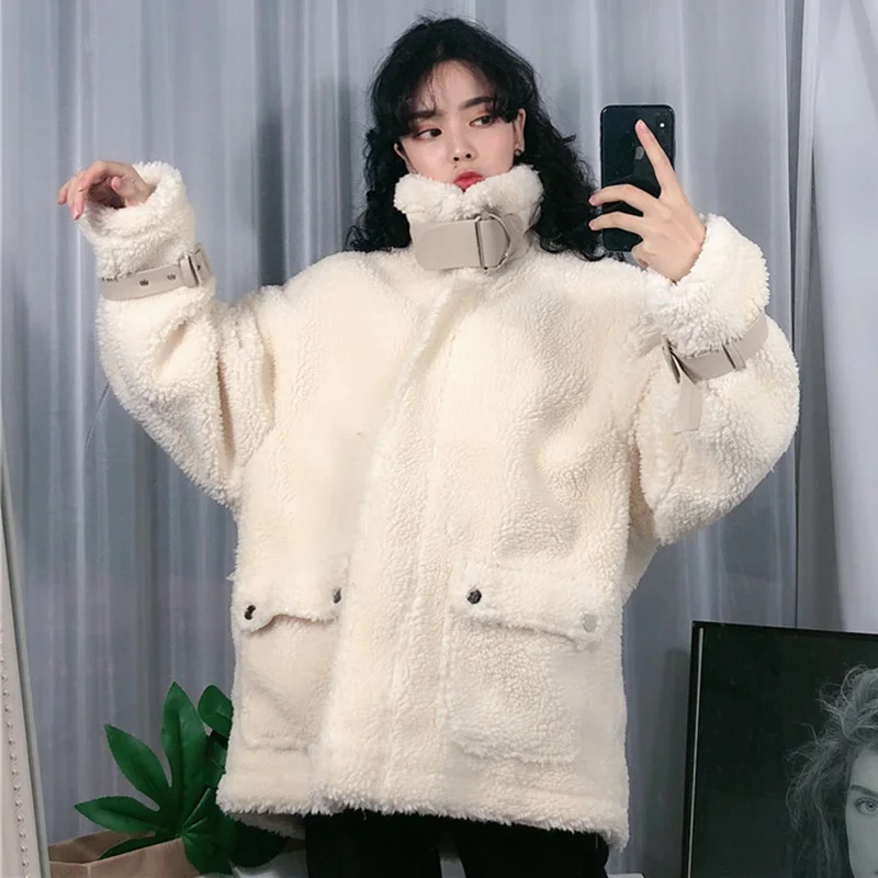 Женская зимняя Толстая куртка из меха ягненка, повседневное пальто Харадзюку, Женская свободная теплая зимняя куртка, Женское пальто с длинным рукавом большого размера