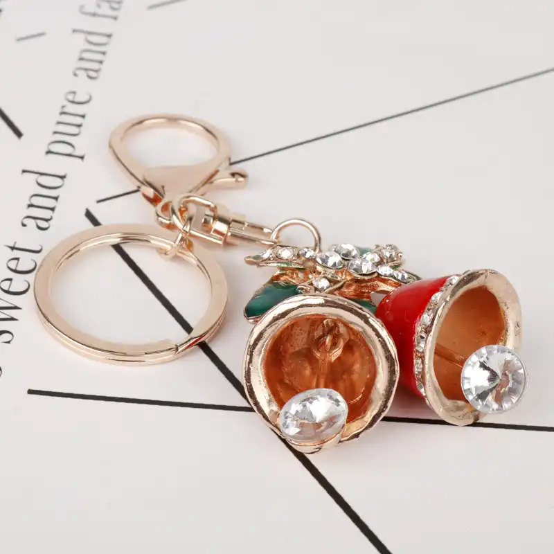 Enamel Red Christmas Bell Rhinestone Crystal Alloy Keychain Key Chain Ring Xmas