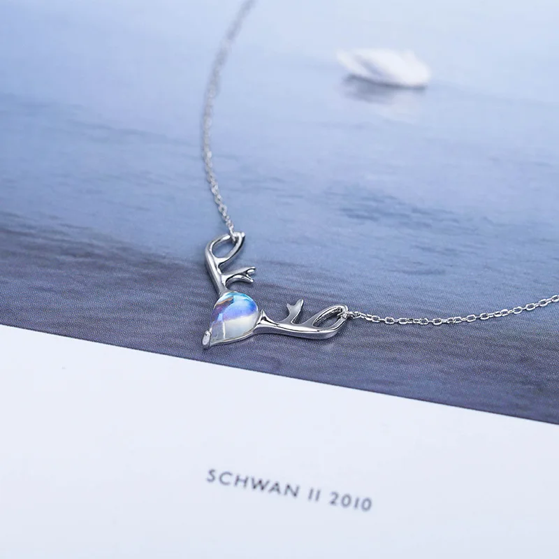 

Holiday Colorful Natural Moon Stone Elk Head 925 Sterling Silver Necklace